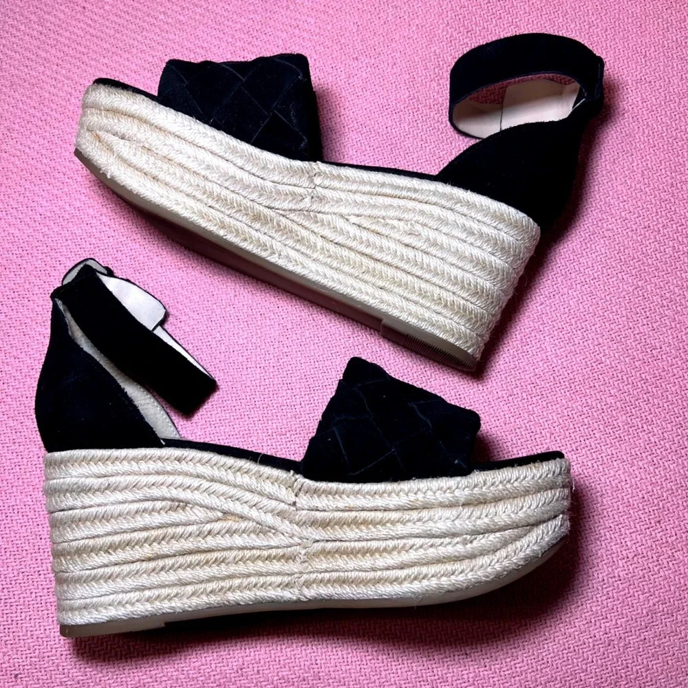 Marc Fisher Vixta Black Suede Woven Espadrille Wedge Sandals 8.5M